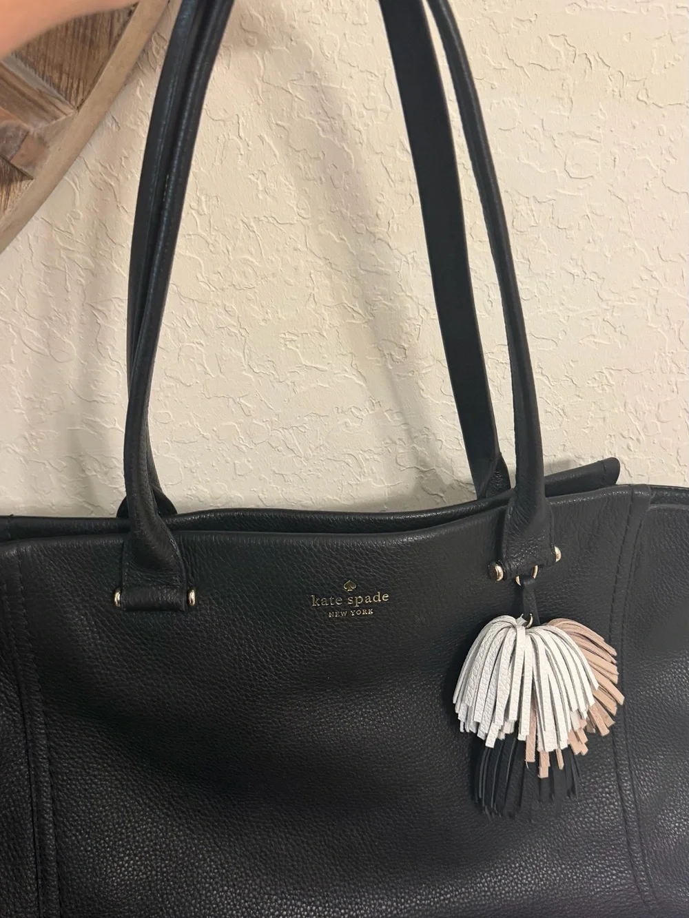 kate spade Black Leather Tote with Multi-Tassel Charm